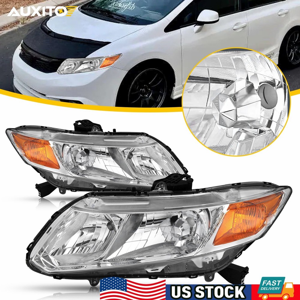 For 2012-2015 Honda Civic Sedan 4-Door 4Dr Chrome Headlights Amber Corner Lamps