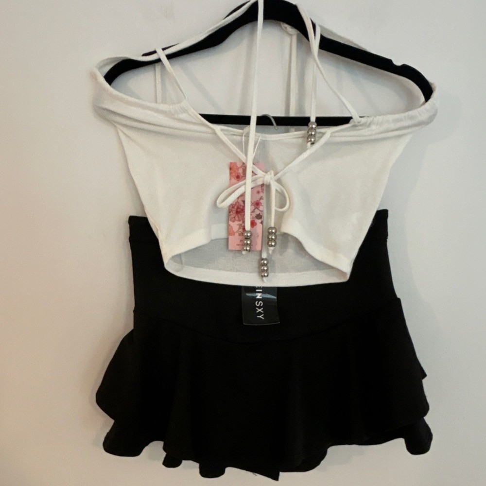 SHEIN Women's 2 Piece Outfit Set White Knit Crop Top & Black Skirt Size S