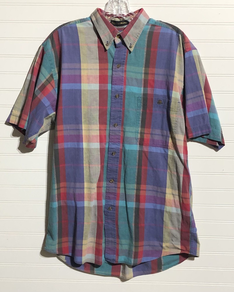 Vtg Eddie Bauer Superior Madras Plaid Short Sleeve Button Up Shirt Men's M