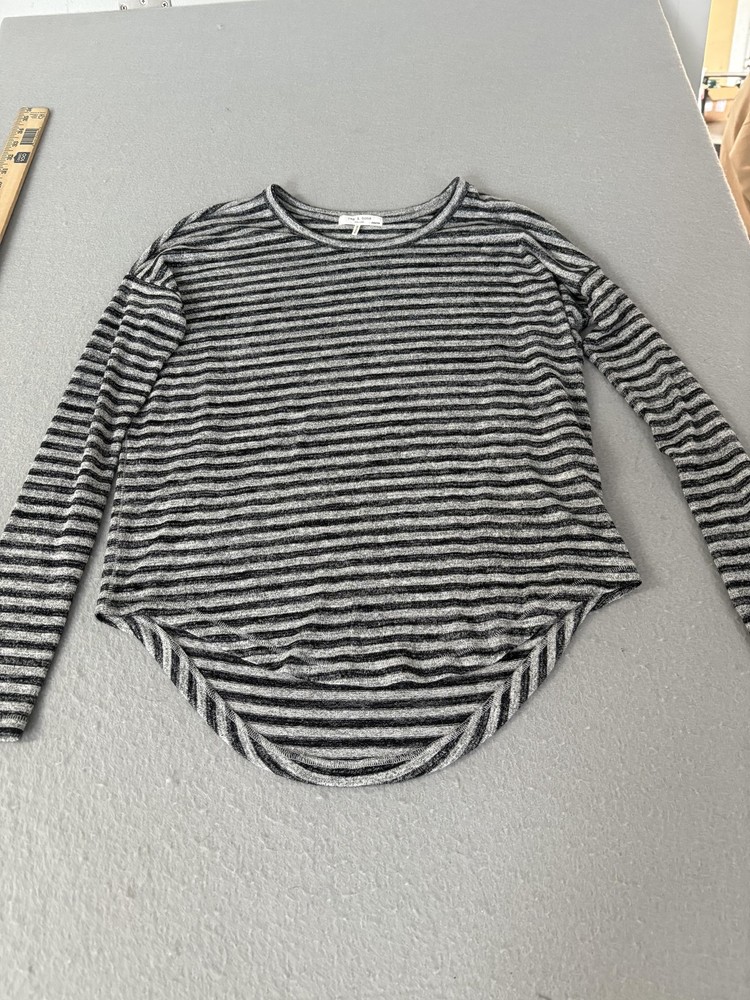 rag & bone Shirt Womens XXS Black Gray Striped Long Sleeve Crewneck Curved Hem