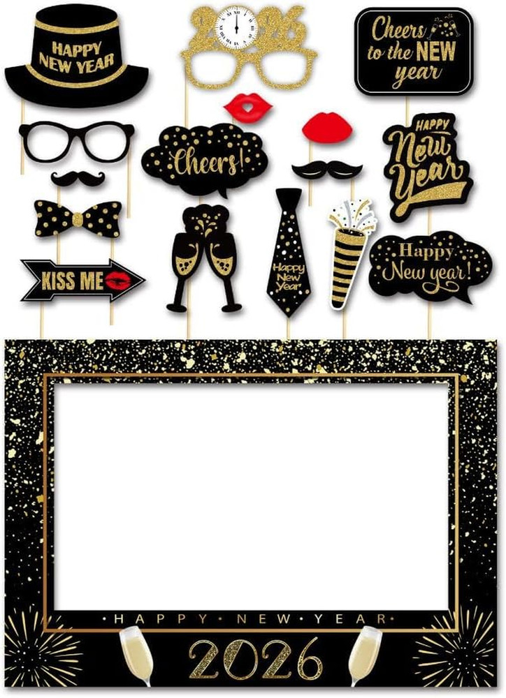 Glitter Happy New Year's Eve 2026 Party Photo Booth Props Supplies with Photo Fr