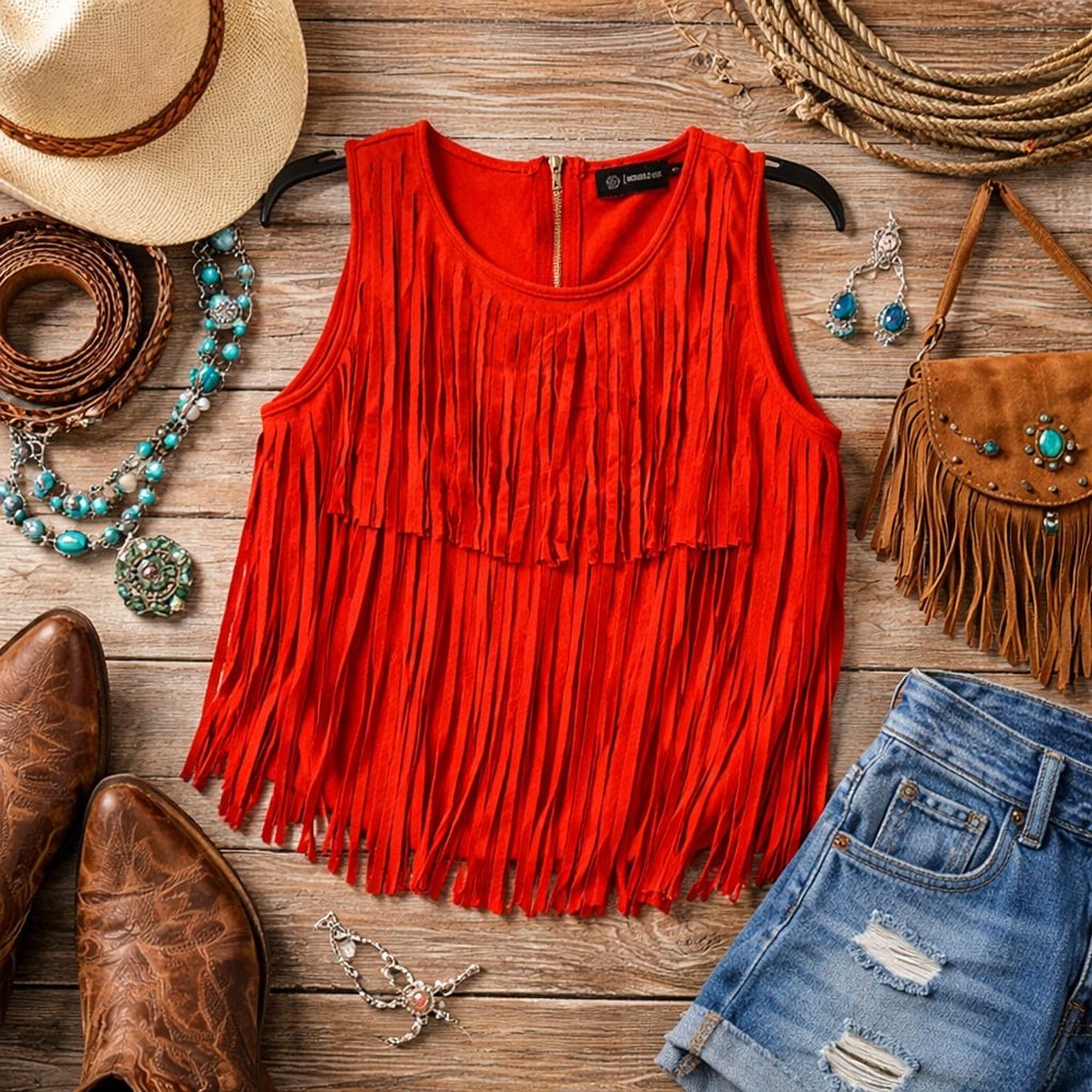 Western Red Vegan Suede Fringe Crop Top Festival Style