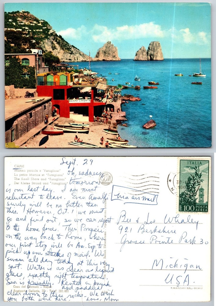Vintage 1960 Capri Marina Piccola Faraglioni Rocks Italy Postcard Air Mail