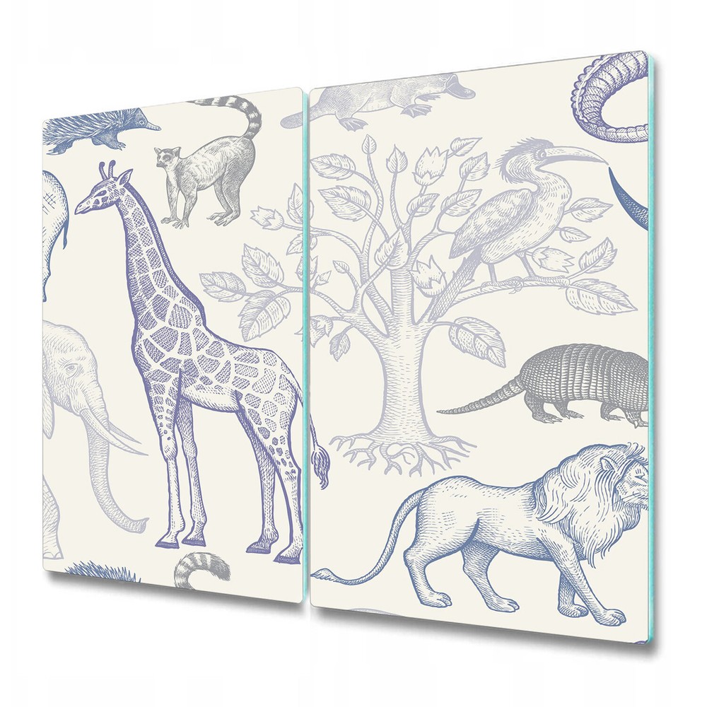 Glass Chopping Serving Board Utensil Jungle animals sketched Colourful 2x30x52