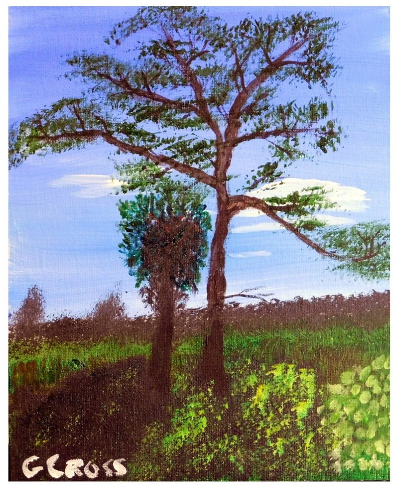 Acrylic Abstract Landscape Palm And Pine Tree Painting 10x8 Panel Free Shipping-image