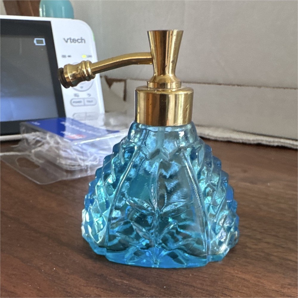 Irice Blue Pressed Cut Glass Perfume Atomizer Spray Bottle Gold Tone Pump