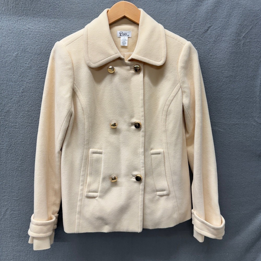 Lilly Pulitzer Coat Womens 4 Wool Blend Silk Lined Classic Cream Gold Button