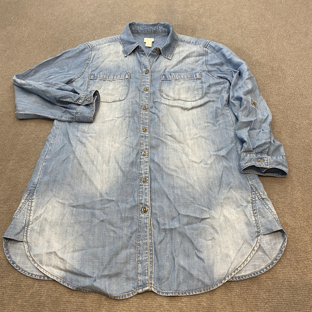 Chicos Chambray Shirt Womens 1 Medium Button Up Blue Tunic Roll Tab Long Sleeve