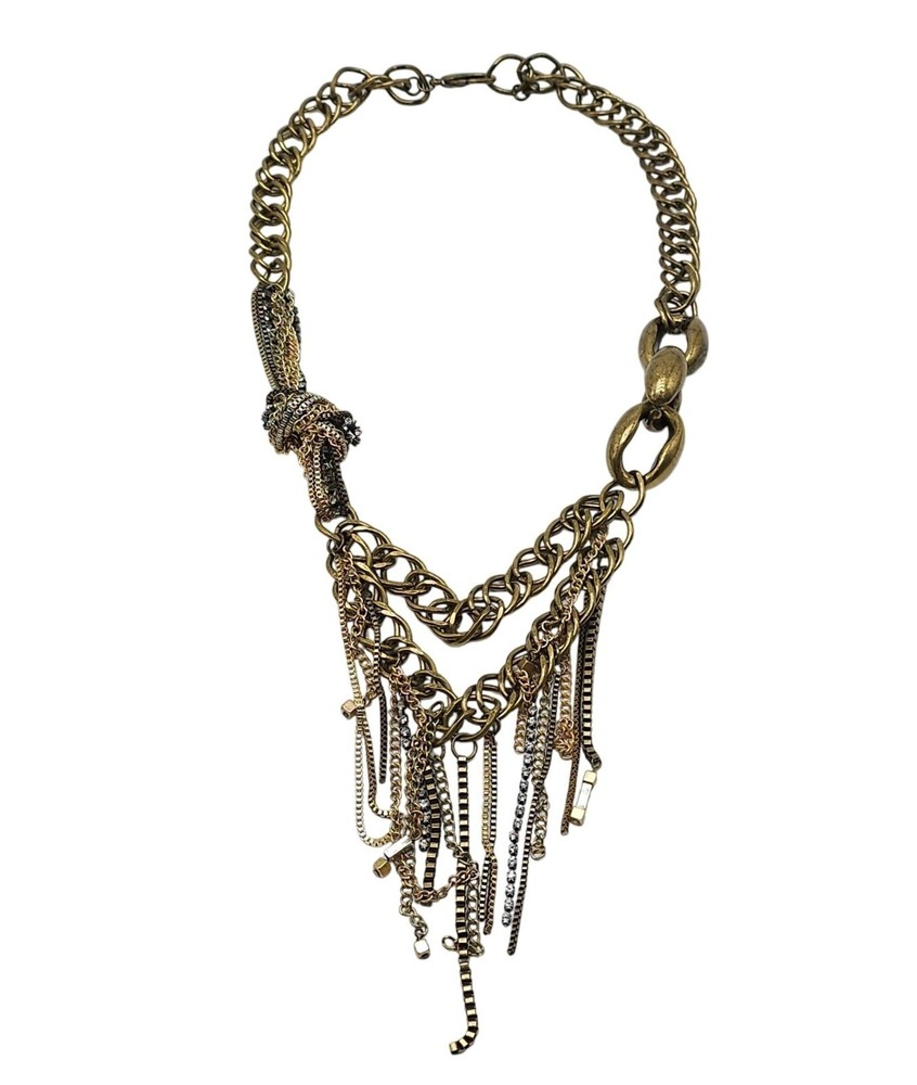 Vintage Steampunk Multi-Layered Chain Necklace W/ Mixed Metal Rhinestone Accents