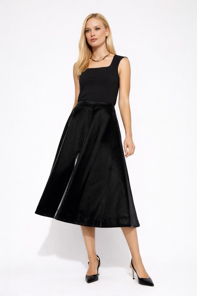WHBM Faux Croc Midi Skirt Black Fit & Flare Textured Size 4 $130 Orig Elegant