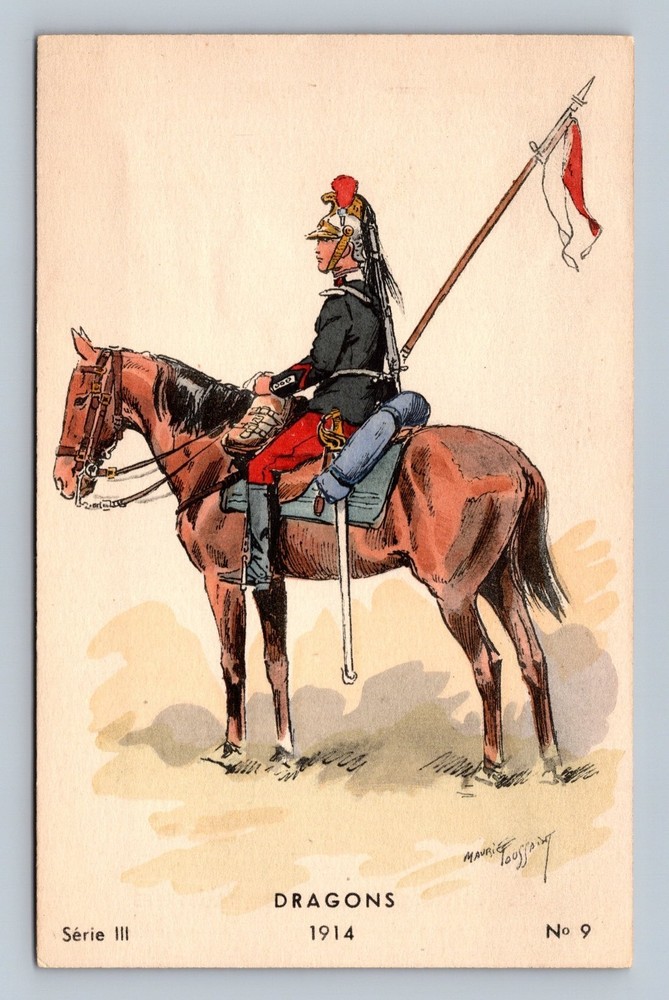 1914 French Dragons Cavalry Soldier Military Postcard by Maurice Toussaint