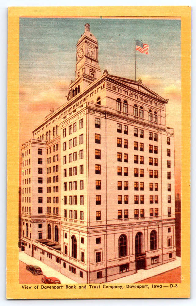 Davenport Iowa IA Bank And Trust Company Building Clock Cars Vintage Postcard