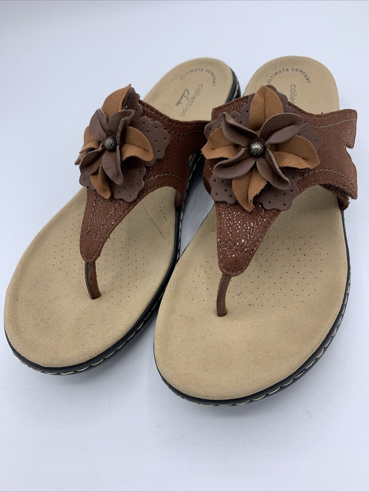 Clark’s Laurieann Gema Brown Flower Slip On Sandals Size 8 M Hook & Loop Closure