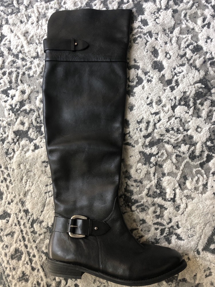 Guess Solar Boots Tall Leather Riding Pirate Over the Knee Buckle Black 6