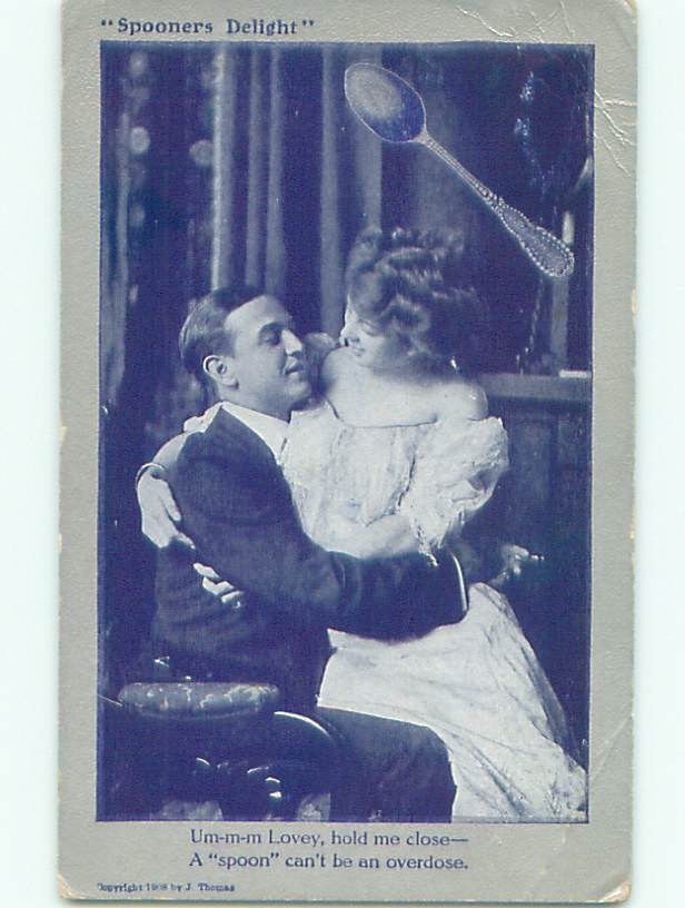 Pre-Linen SPOONER'S DELIGHT - WOMAN SITS ON MAN'S LAP : make an offer J0238