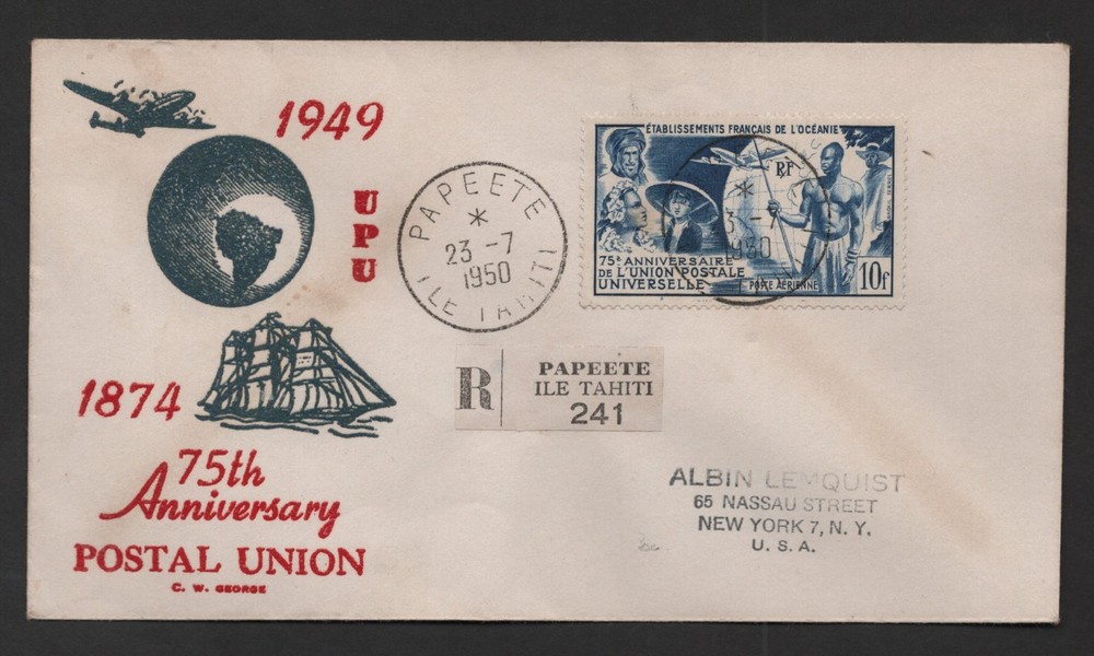 FRANCE ÉTABLISSEMENT DE L’OCEANIE 1949 UPU 75TH ANNIV. 10FRS. TIED PEPEETE TO NY