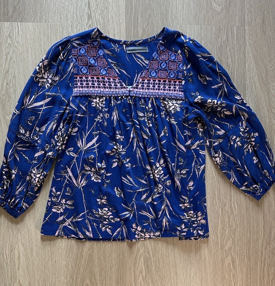 Anthropologie Blue Floral Embroidered Boho Peasant Blouse M