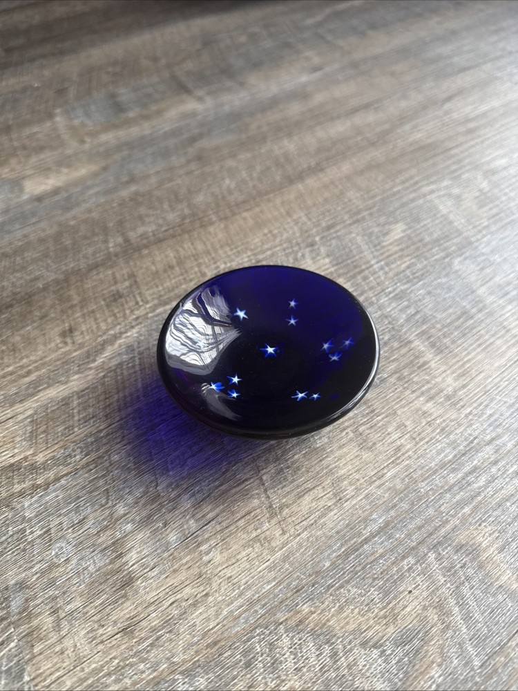 Vintage Lundberg Studios Art Glass Trinket Bowl STARS COBALT BLUE 1992 Signed 4”