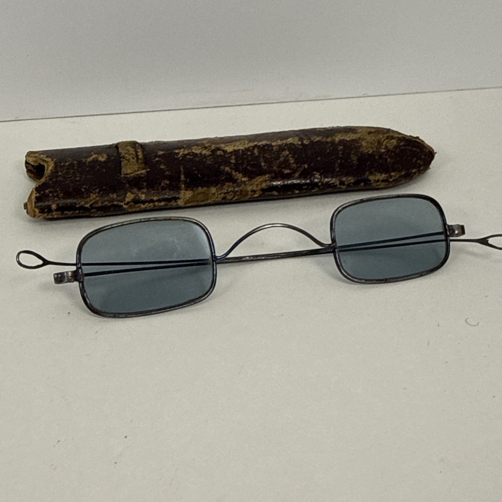 Antique sunglasses Civil War era with blue lenses and double hinged earpieces