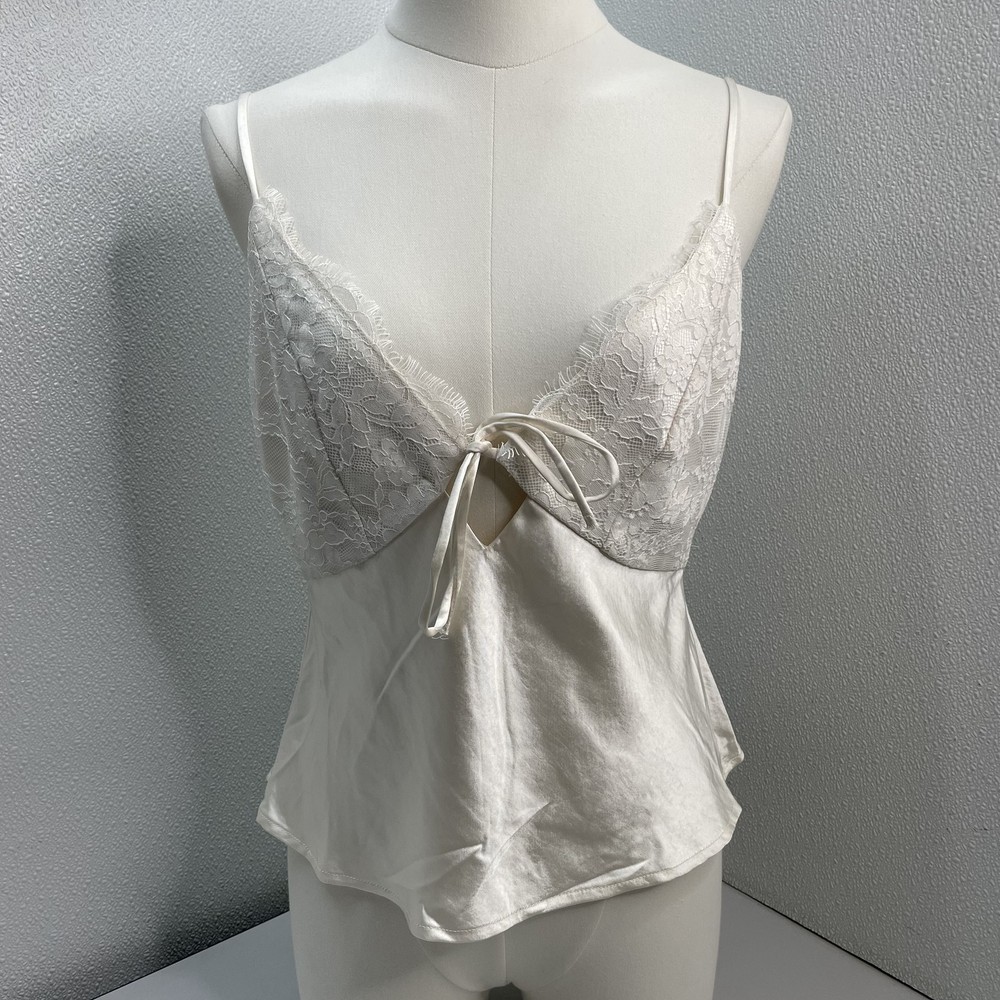 En Saison Womens Cami Top Ivory Size S Sleeveless VNeck Lace Front Bow Polyester