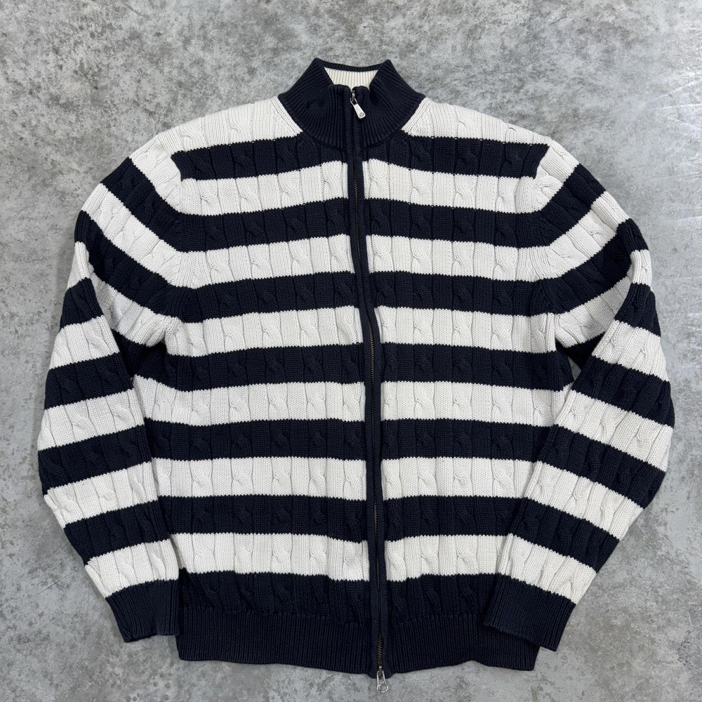Brooks Brothers Sweater Mens XL Navy White Stripe Cable Knit Full Zip Mock Neck