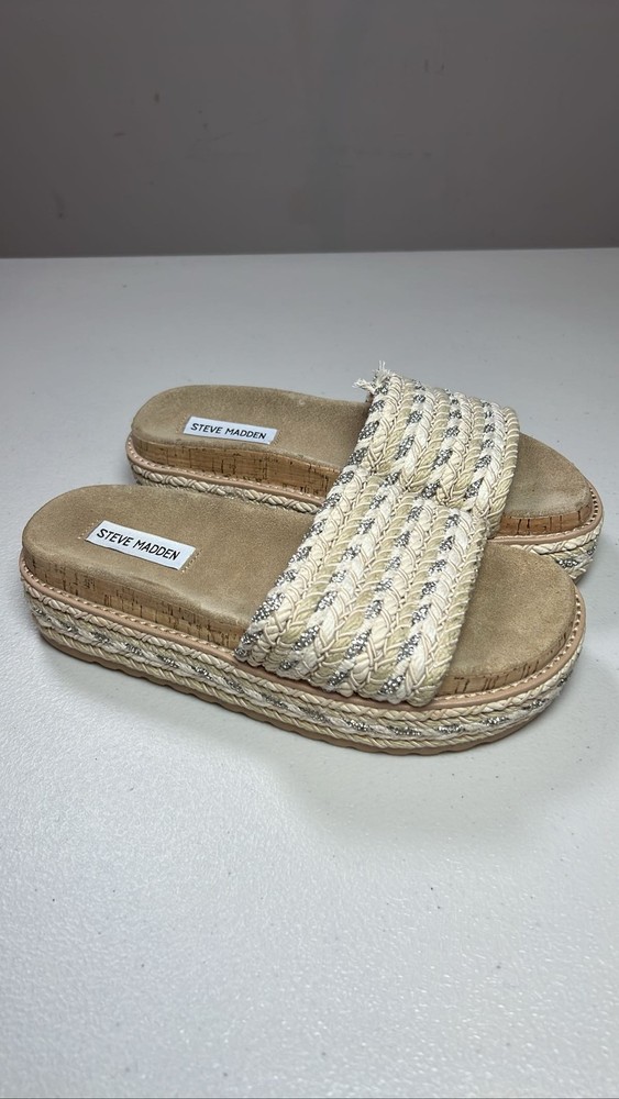 Steve Madden Women's Platform Slide Sandals Braided Raffia Silver Size 8M