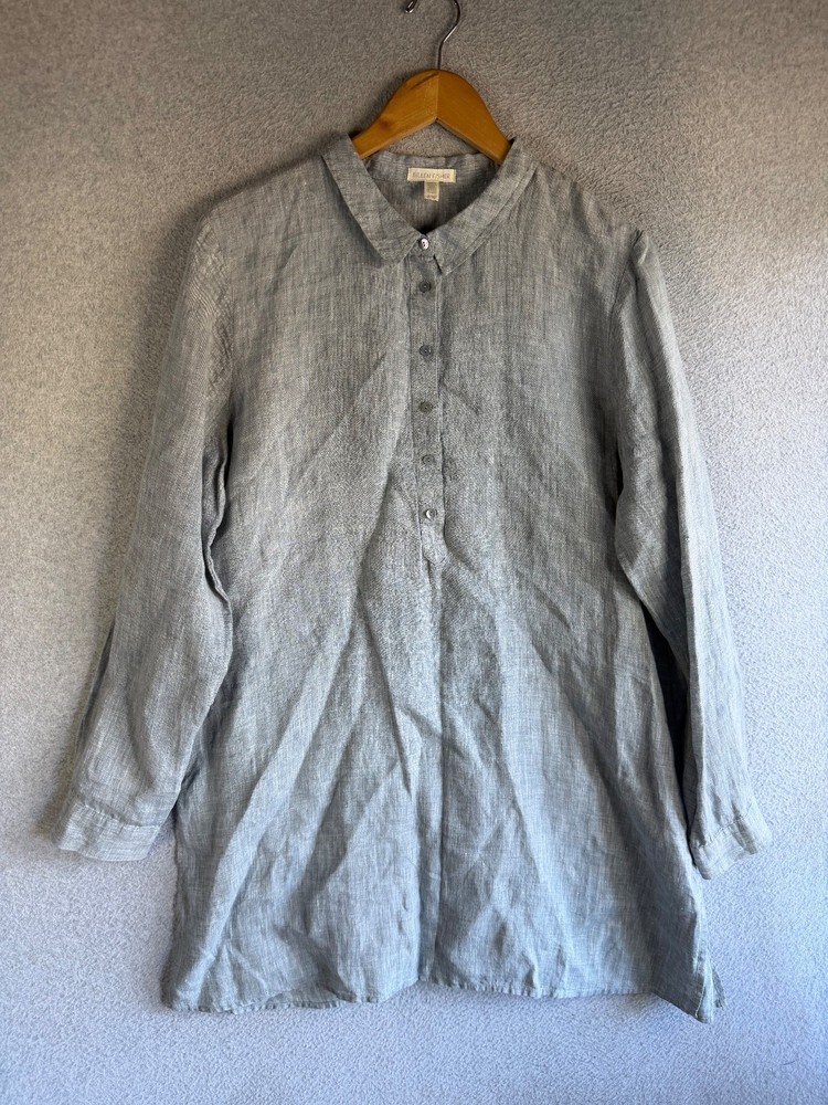 Eileen Fisher Tunic Dress Womens Large Gray Popover 100% Organic Linen