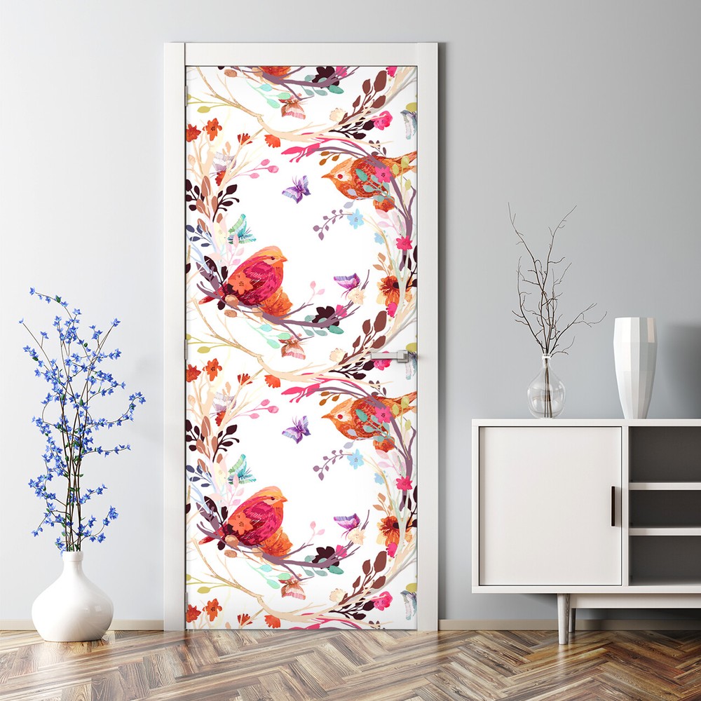 Red Bird Branch Bubble-Free Door Sticker Self-Adhesive Home Decor Mural