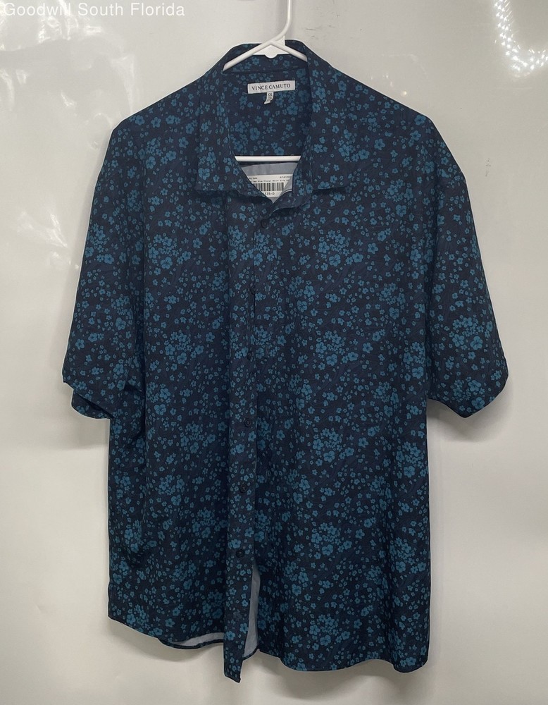 Vince Camuto Mens Blue Floral Collared Short Sleeve Button-Up Shirt Size XXL