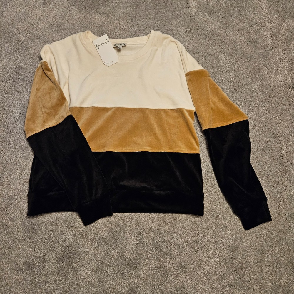 Wonderly Women’s Medium Velour Color Block Sweatshirt Cream Tan Black Pullover