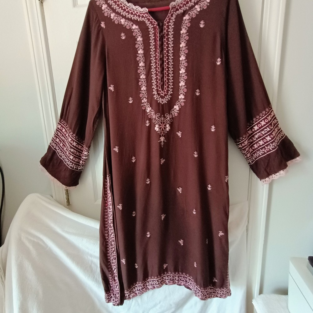 Tunic Long Embroidered Brown Kurta M Or Sm Boho Hippie Ethnic Agha Noor Delicate