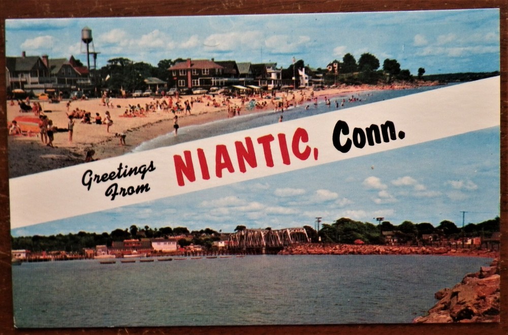 Greetings From Niantic, Crescent Beach, Bay & RR Bridge Connecticut Postcard