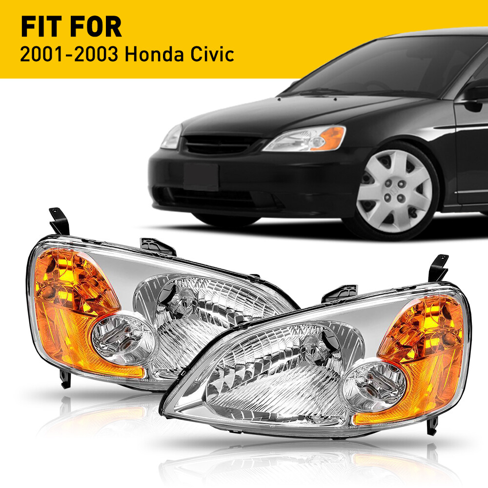 R+L Headlights for 2001-03 Honda Civic 4-Door Sedan Headlamp Amber Side L 12V