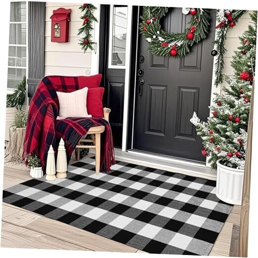 Buffalo Plaid Check Outdoor Rug 3' x 5' Black and White Checkered Rug,Retro