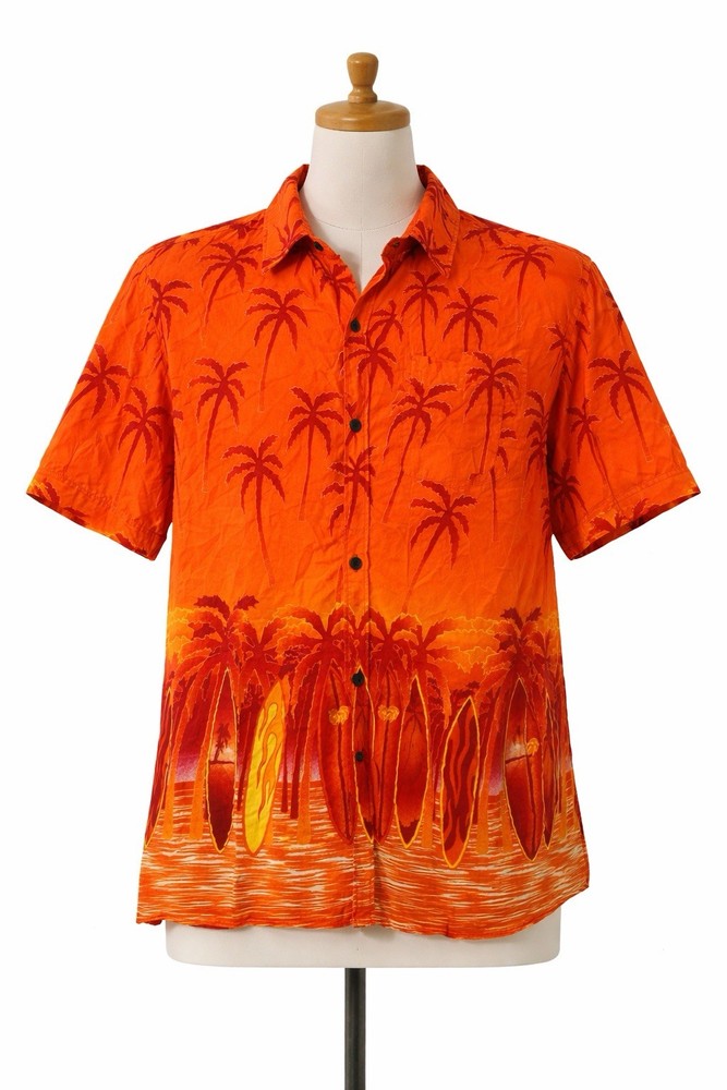 Men’s  Hawaiian Shirt Zodad Bright Orange Surf Board XL Flames Wooden Button