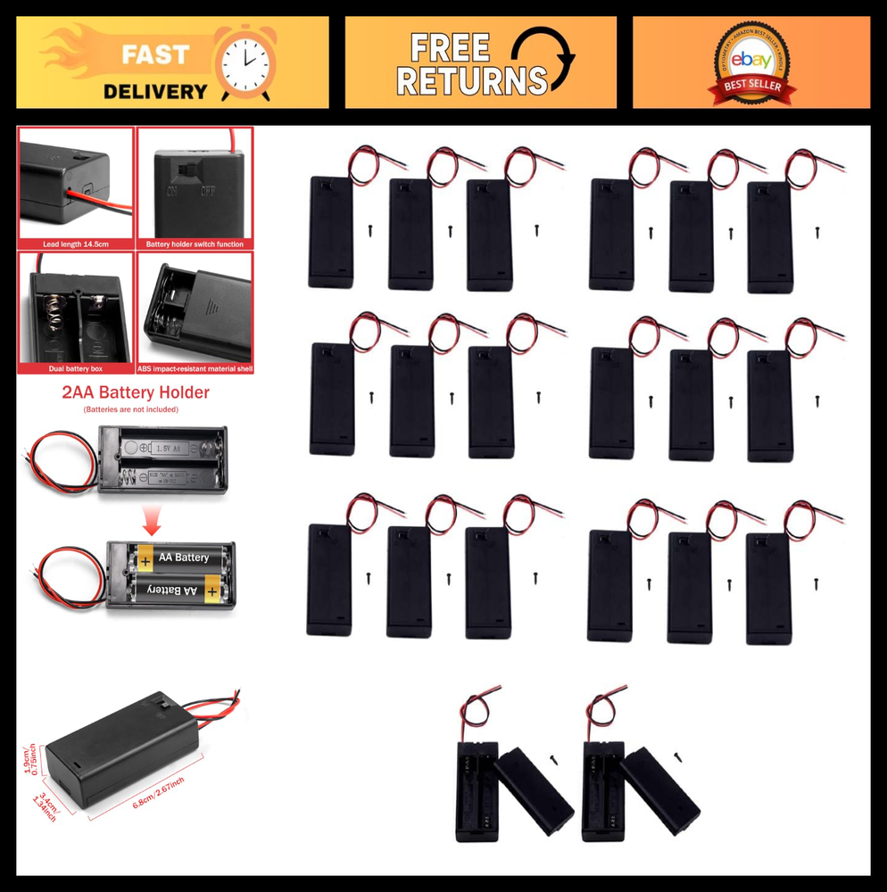 Pack of 20 AA Battery Holders with Switch - 1.5V Cases & Wire Leads - Bulk Suppl