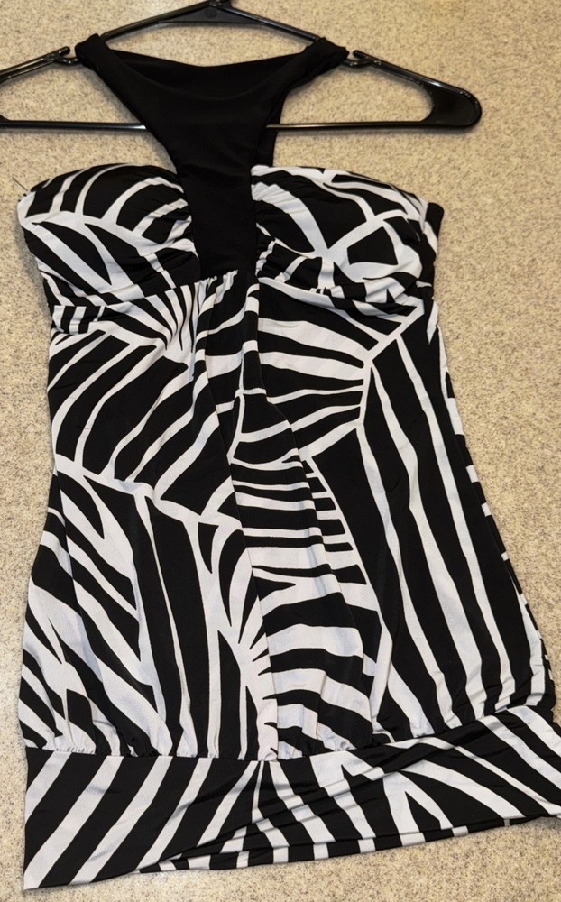 Vintage Y2K Wet Seal Halter Tank Top Backless Black White Stretchy Top Glam S