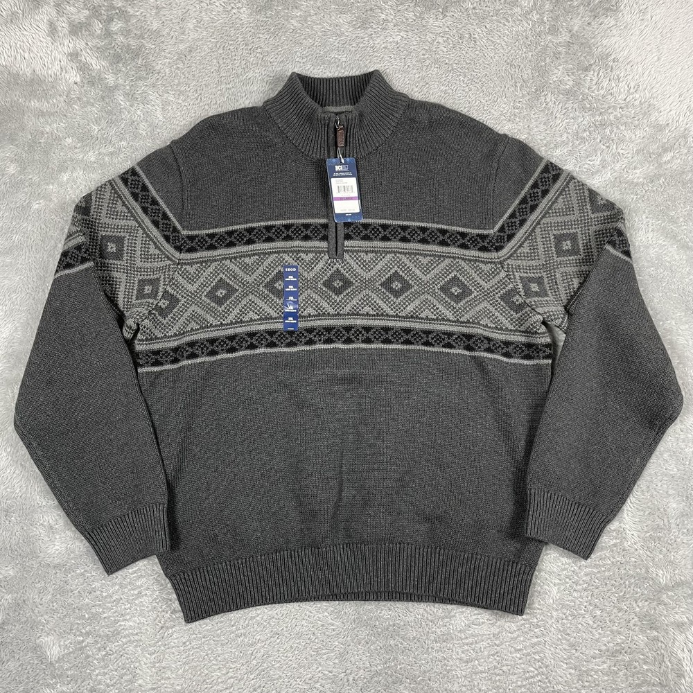 IZOD Sweater Mens 2XL Gray Fair Isle Quarter Zip Mock Neck Knit Pullover
