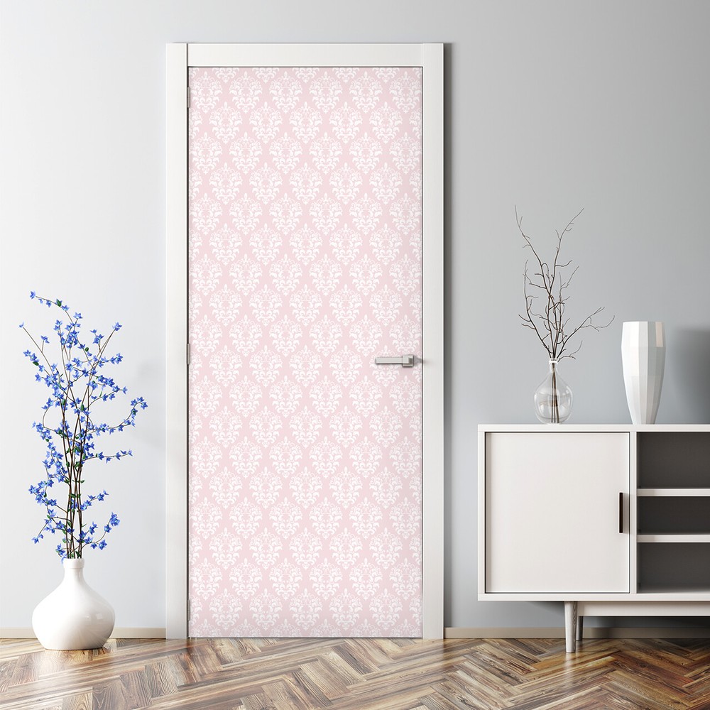 Damask pastel pink Bubble Free Door sticker pink and grey Decal traditional