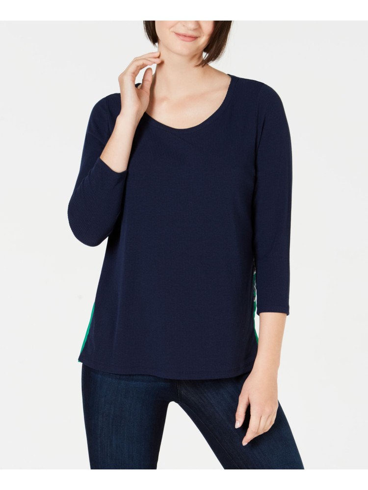 CHARTER CLUB Womens Navy Ribbed 3/4 Sleeve Scoop Neck Top Size: S