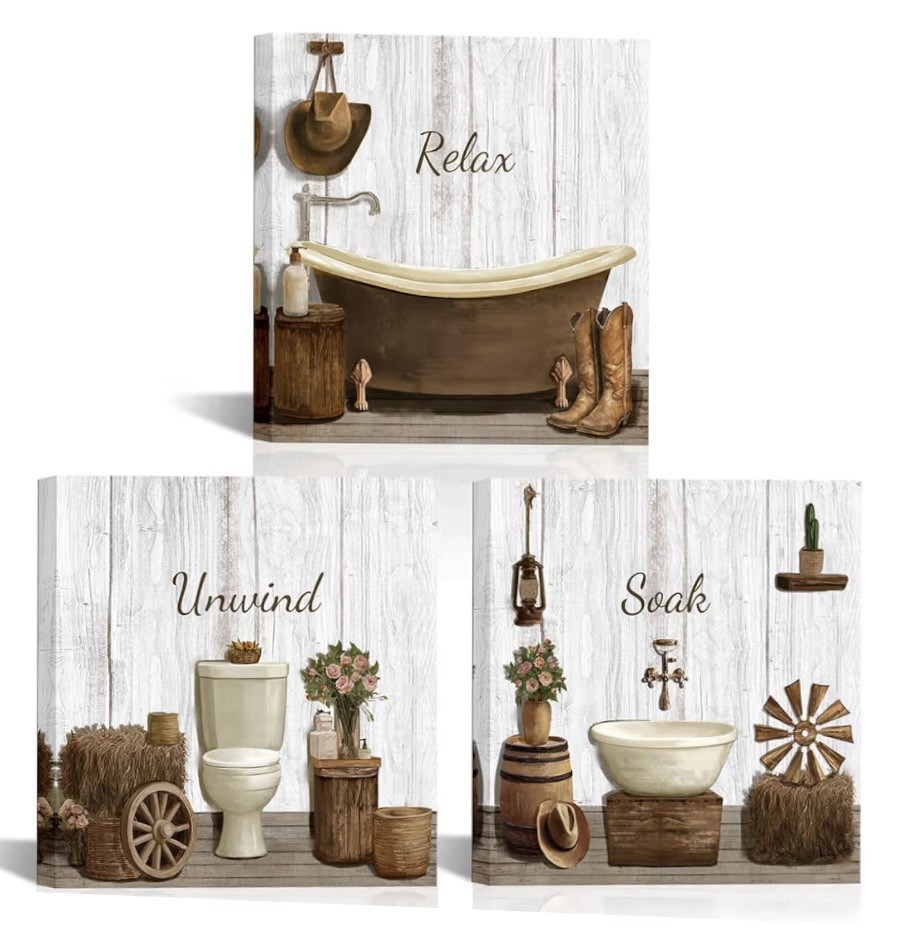 Western Bathroom Canvas Wall Art Set Ready To Hang 12 X 12, 3 Pieces