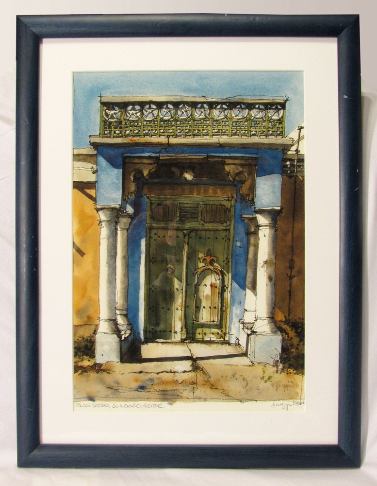 Signed Original Watercolor Painting Palace Doors, Al Wakra, Qatar, Framed, 2005