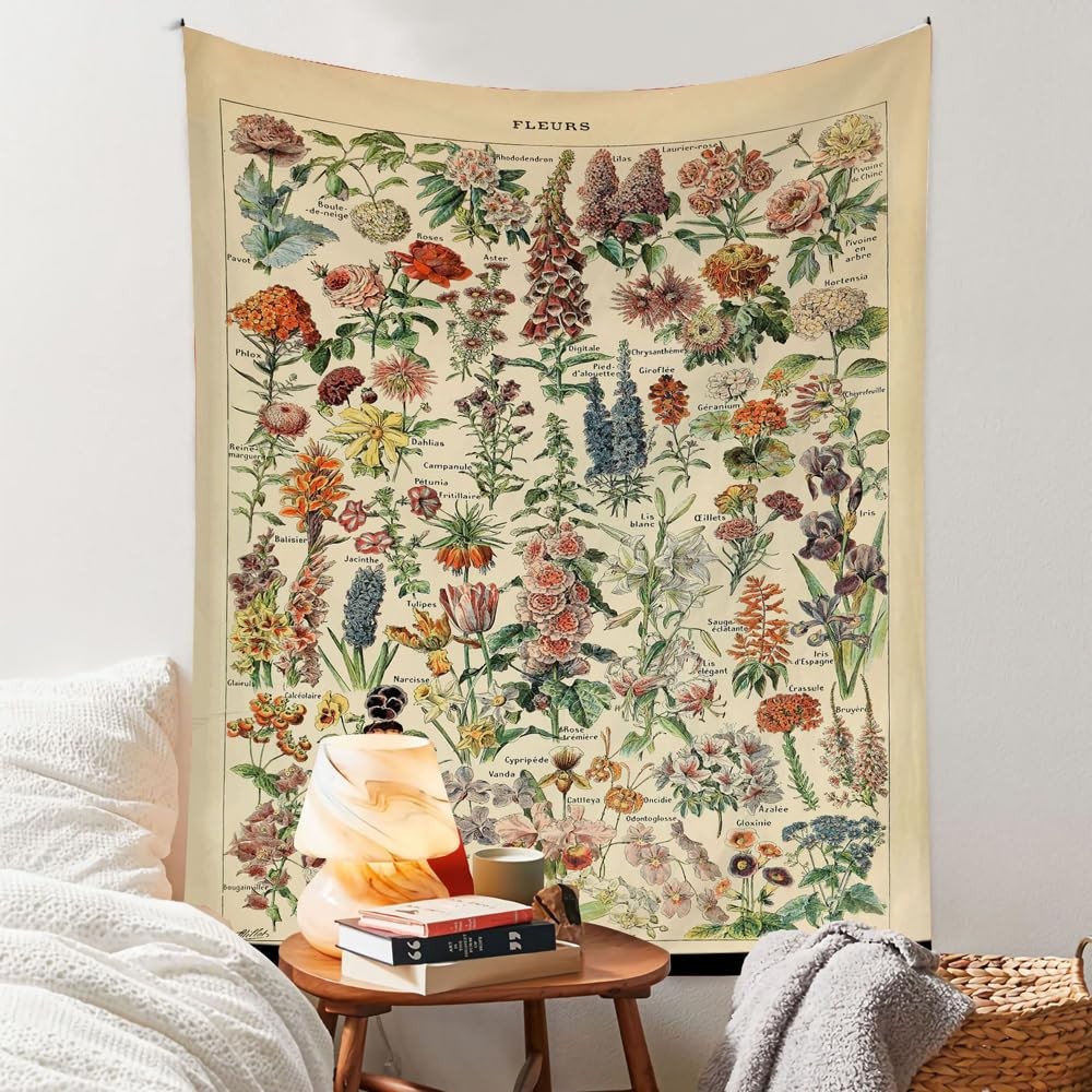Vintage Flowers Tapestry 48”x36”, Long Vertical Wall Hanging Reference Illust...