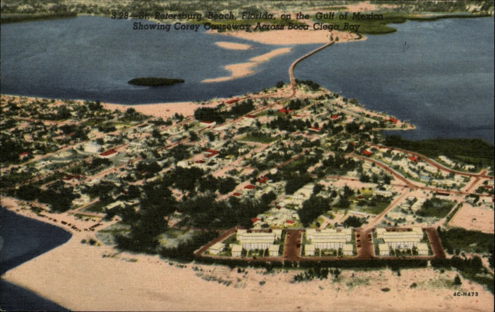 St Petersburg Beach Florida Gulf of Mexico aerial city linen vintage postcard