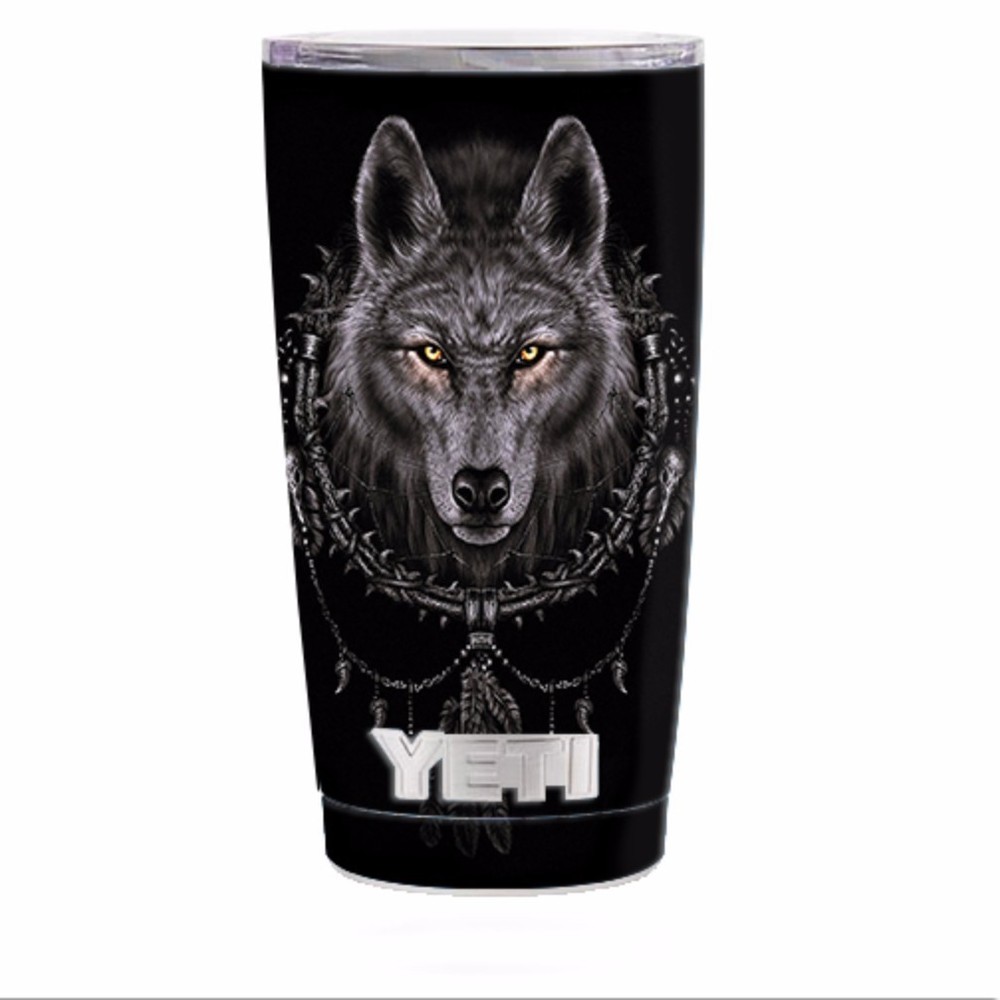 Skin Decal for Yeti 20 oz Rambler Tumbler / Wolf dreamcatcher back white