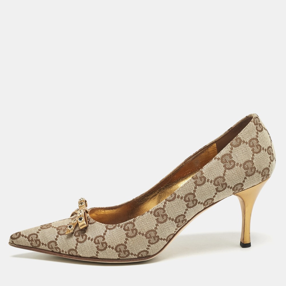 Gucci Beige GG Canvas Leather Crystal Bow Pumps Size 37