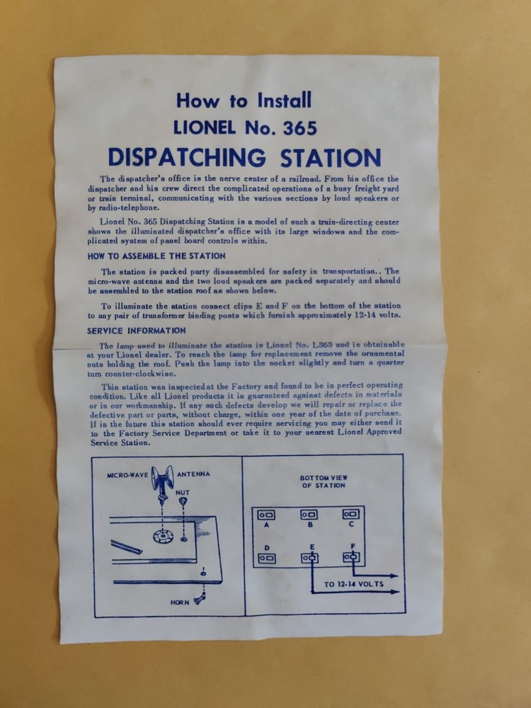 Lionel 365 Dispatching Station Instruction Post-war Dated 3-58