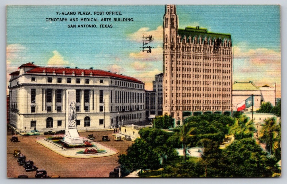Postcard Alamo Plaza, Post Office, Cenotaph Medical Arts Building San Antonio TX