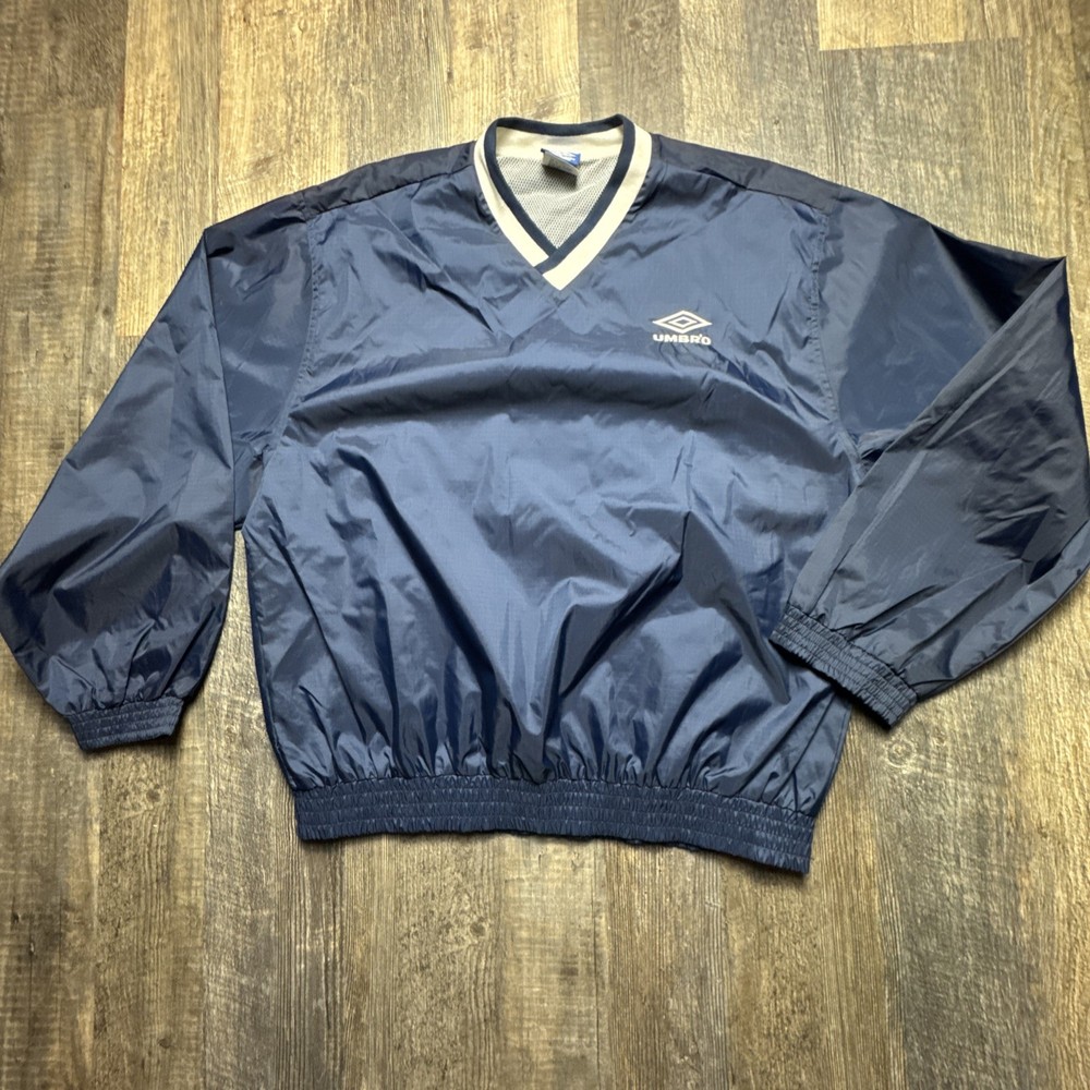 VTG Y2K 90s Umbro Pullover Windbreaker V-Neck Lightweight Blue Mesh Lined L