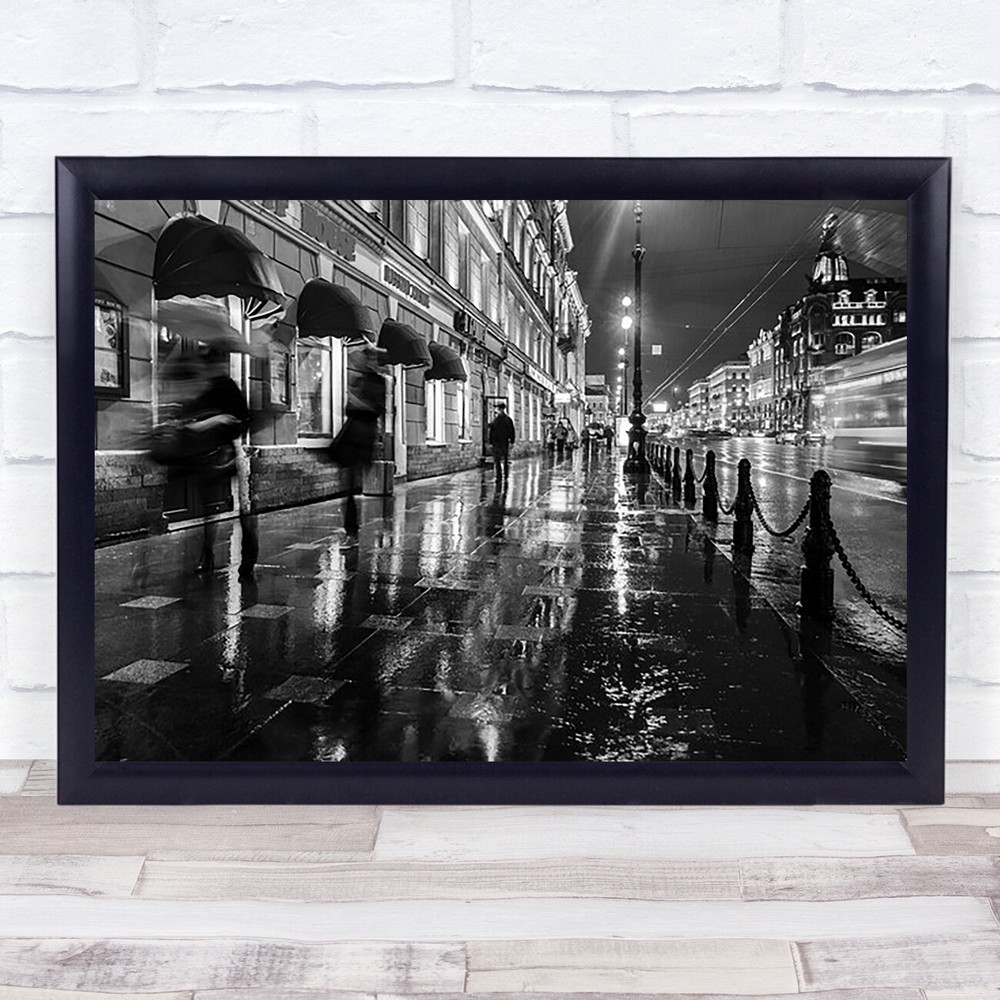 Wet Street Night Ghost Light Trails Transportation Motion Wall Art Print